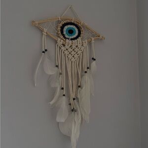 Handmade Boho Eye Macramé Wall Hanging - Cream and Blue